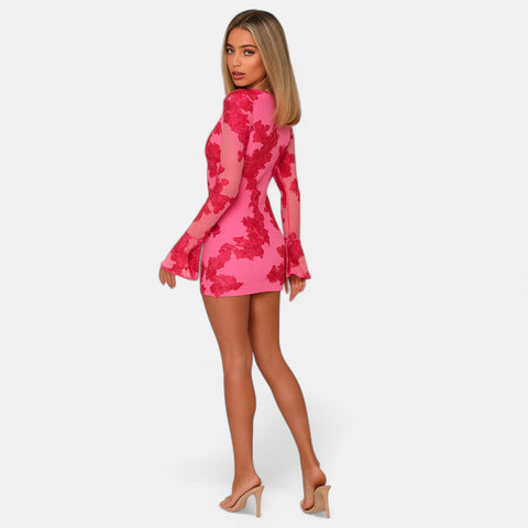 Maison Lior | Women's Floral Mesh Mini Dress – Bell Sleeves, Refined Spring Silhouette